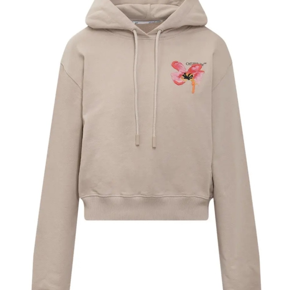 Off-White Beige Hoodie with Pink Floral Accent